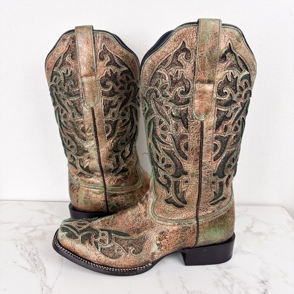 J.B. Dillon Shoes - J.B. Dillon Green Bronze Metallic Glitter Cutout Cowboy Boots Sz 10C